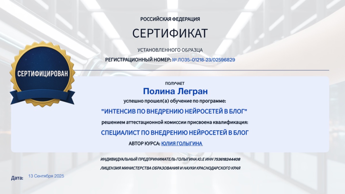 Сертификат: интенсив по внедрению нейросетей в блог