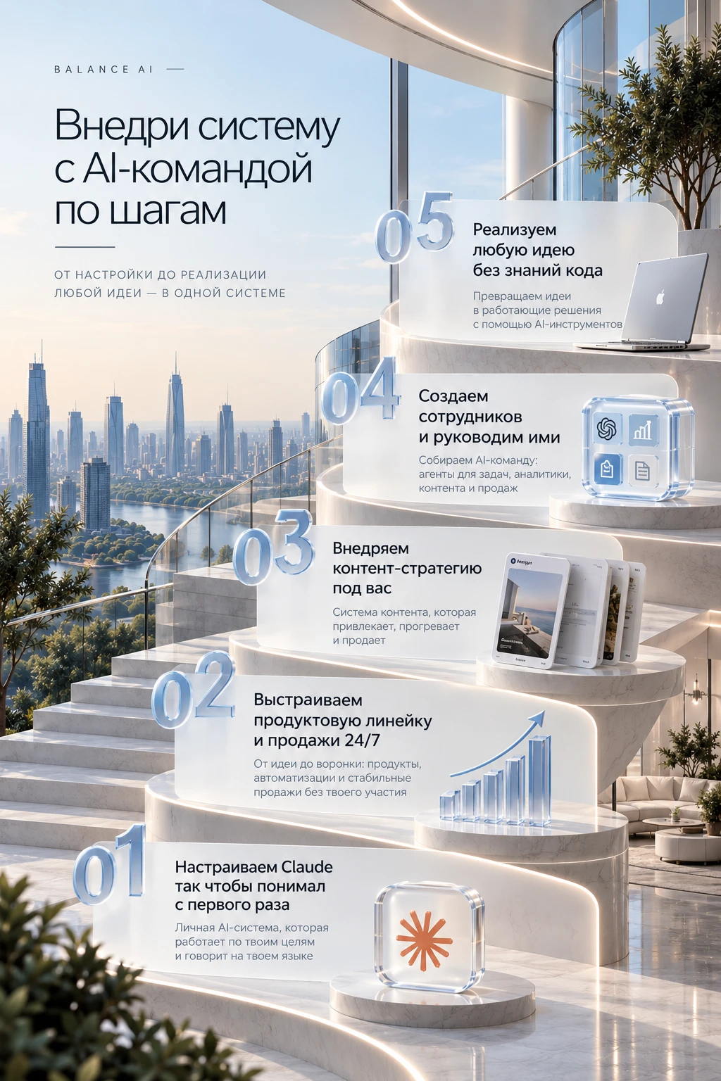 Внедри систему с AI-командой по шагам: 01 Claude, 02 продукт и продажи, 03 контент, 04 AI-сотрудники, 05 вайбкодинг